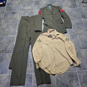USMC Alpha Service Uniform Men 31R Green Wool Jacket pants Khaki Shirt Set